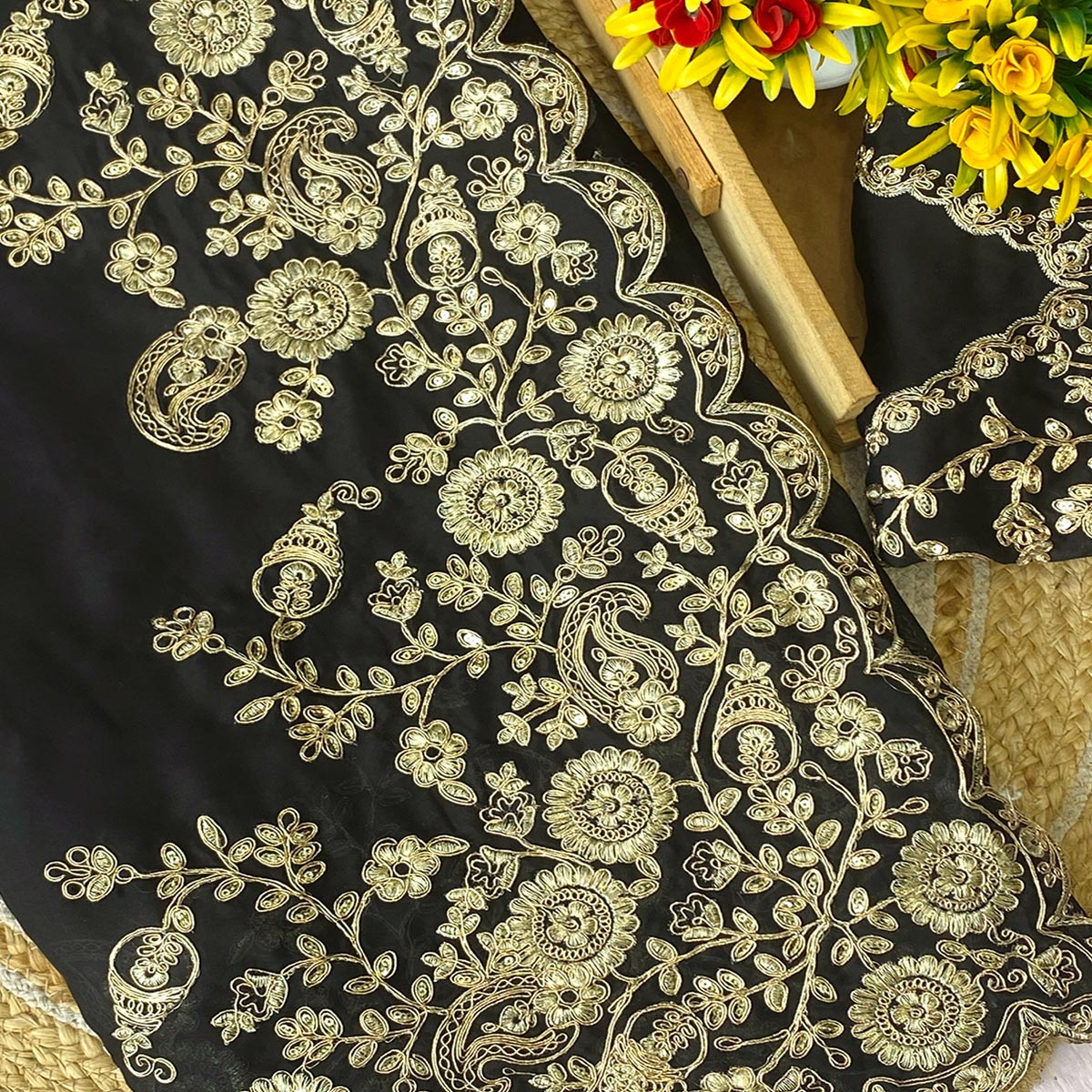 Black Floral Cording Embroidered Saree With Sparkling Sequins On Satin Rangoli Fabric