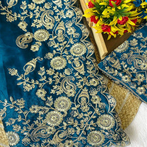 Blue Floral Cording Embroidered Saree With Sparkling Sequins On Satin Rangoli Fabric