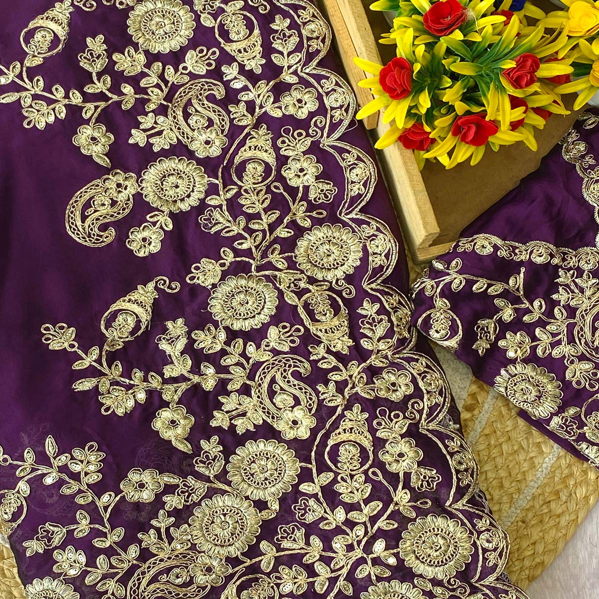 Purple Floral Cording Embroidered Saree With Sparkling Sequins On Satin Rangoli Fabric
