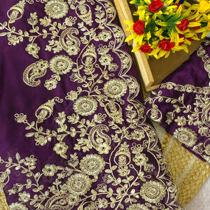 Purple Floral Cording Embroidered Saree With Sparkling Sequins On Satin Rangoli Fabric