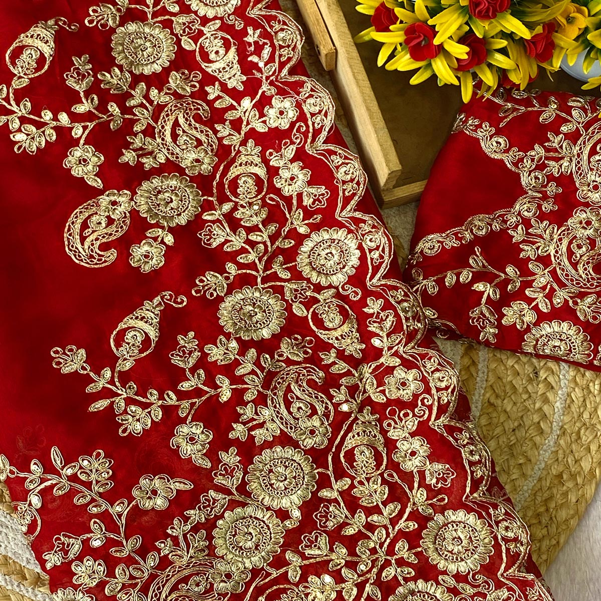 Red Floral Cording Embroidered Saree With Sparkling Sequins On Satin Rangoli Fabric