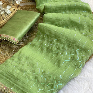 Green Crunchy Saree With Sequins Embroidery & Delicate Lace Border