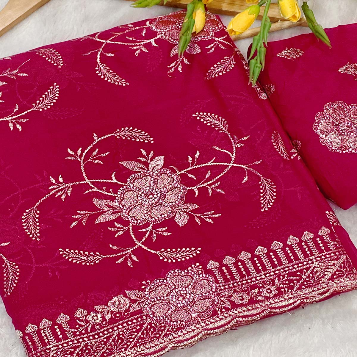 Pink Georgette Saree Exquisite Star Embroidery Party Ready Ethnic