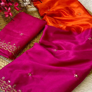 Pink & Orange Chinon Saree With Delicate Floral Sequins Work And Lace Border
