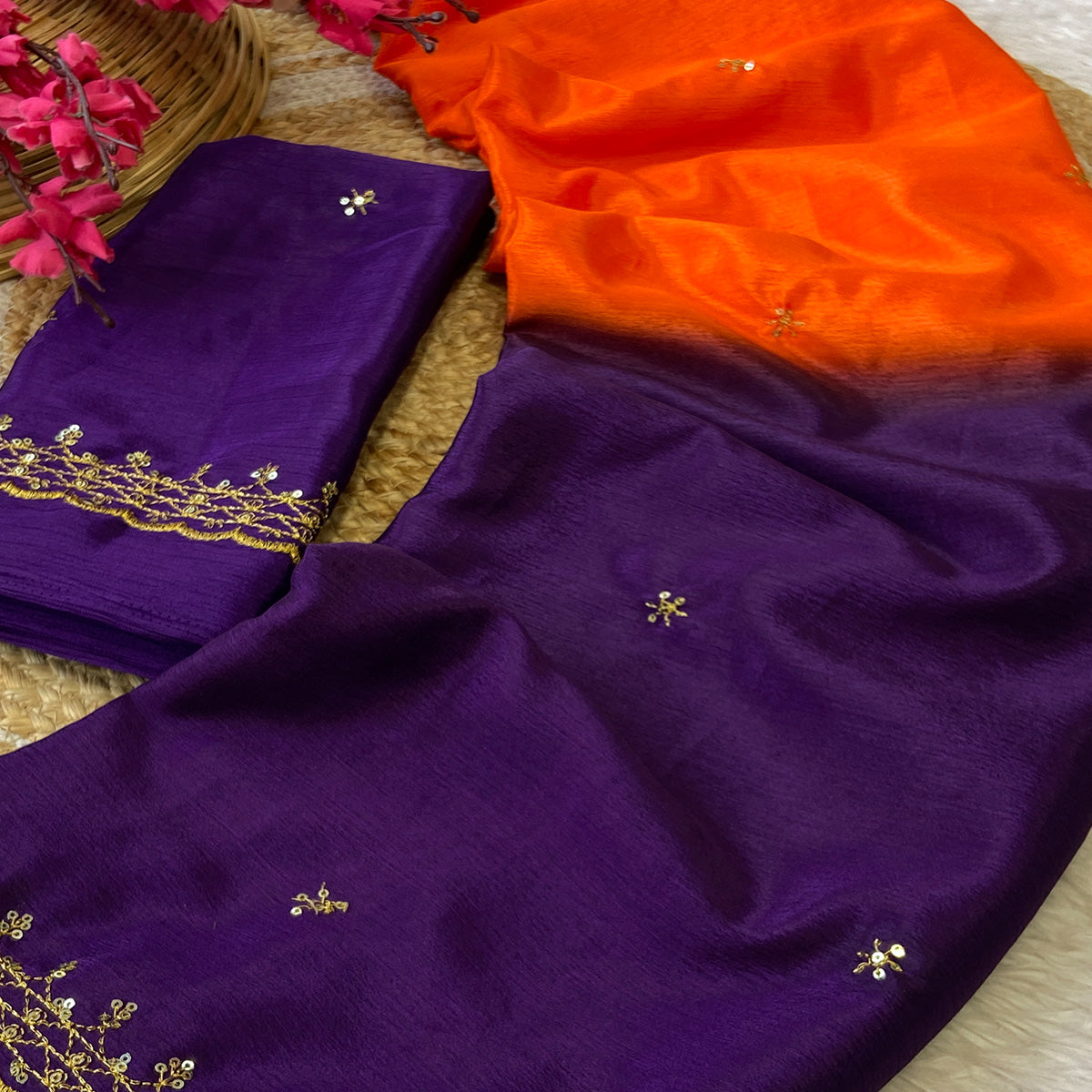 Purple & Orange Chinon Saree With Delicate Floral Sequins Work And Lace Border