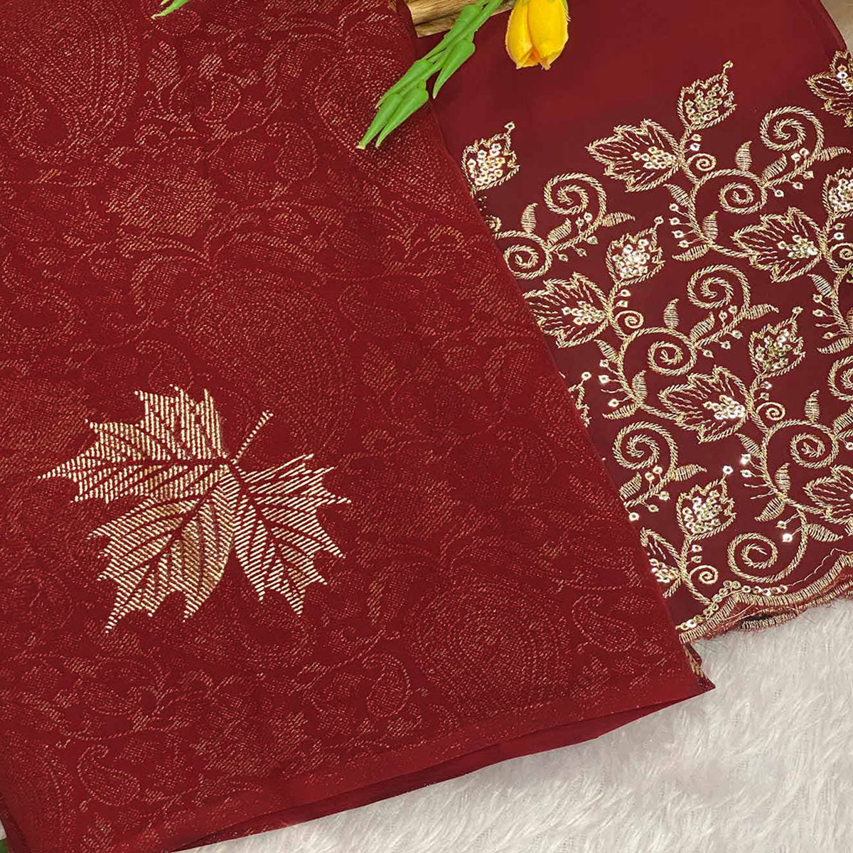 Maroon Georgette Saree With Foil Printed Paisley & Leaf Motifs Finished With A Tassel Pallu