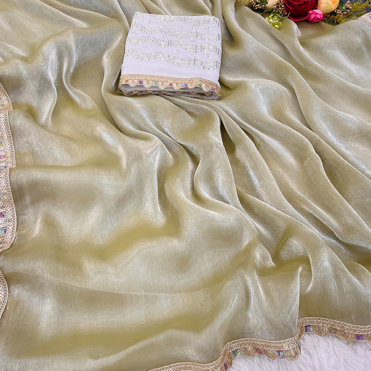 Chikoo Solid Satin Burberry Saree With Sparkling Sequins Embroidered Lace Border