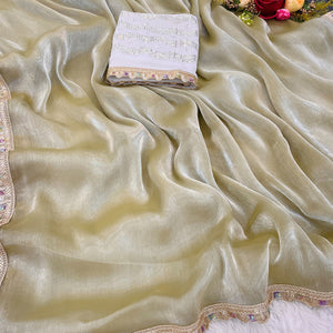 Chikoo Solid Satin Burberry Saree With Sparkling Sequins Embroidered Lace Border