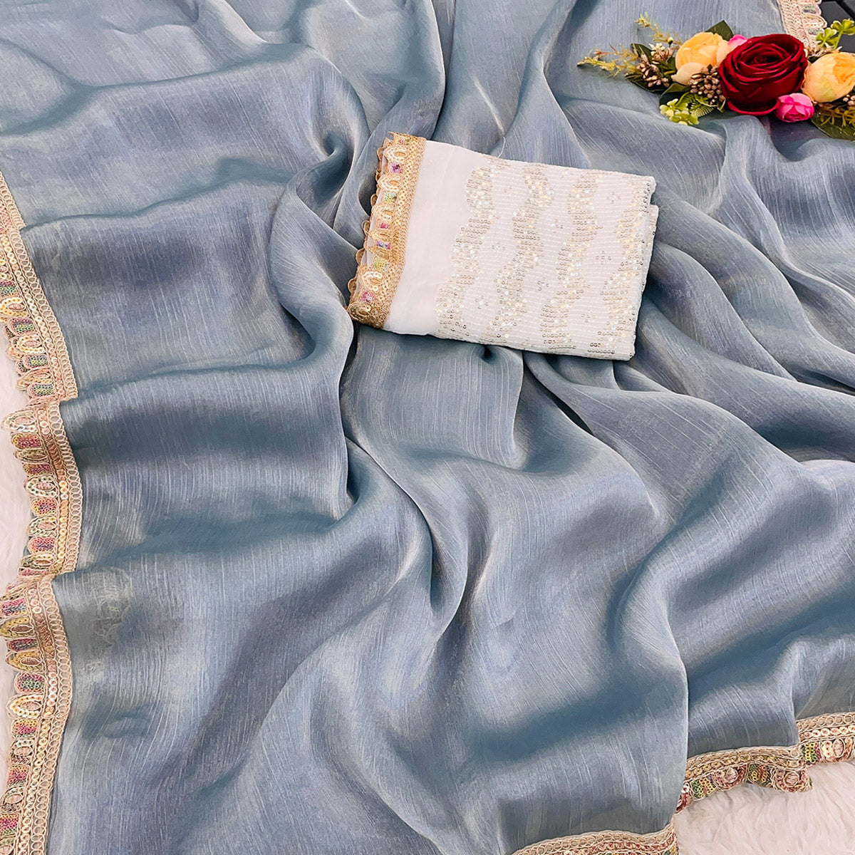 Grey Solid Satin Burberry Saree With Sparkling Sequins Embroidered Lace Border