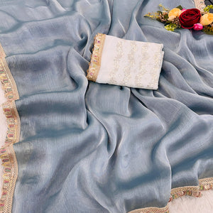 Grey Solid Satin Burberry Saree With Sparkling Sequins Embroidered Lace Border