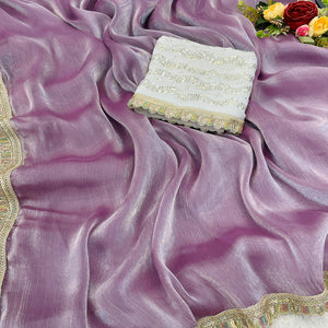 Lavender Solid Satin Burberry Saree With Sparkling Sequins Embroidered Lace Border