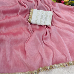Pink Solid Satin Burberry Saree With Sparkling Sequins Embroidered Lace Border
