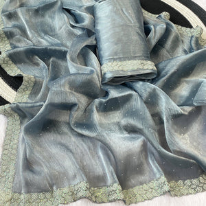 Grey Satin Burberry Saree Adorned With Sparkling Swarovski & Elegant Moti Work Border
