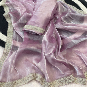 Lavender Satin Burberry Saree Adorned With Sparkling Swarovski & Elegant Moti Work Border