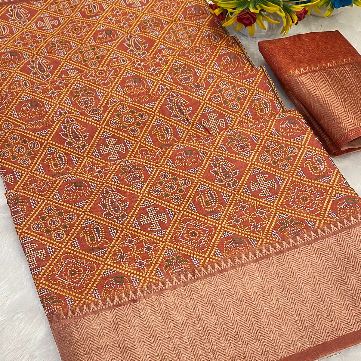 Light Brown Dola Silk Saree Featuring Traditional Patan Patola Print