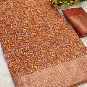 Light Brown Dola Silk Saree Featuring Traditional Patan Patola Print