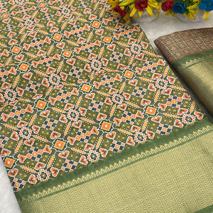 Mehendi Green Dola Silk Saree Featuring Traditional Patan Patola Print