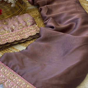 Classic Mauve Solid Saree In Satin Rangoli With Graceful Embroidered Border Detailing