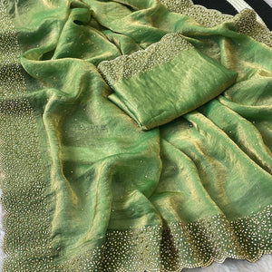 Green Fandy Satin Saree Featuring Intricate Swarovski Work & Decorative Zarkan Border