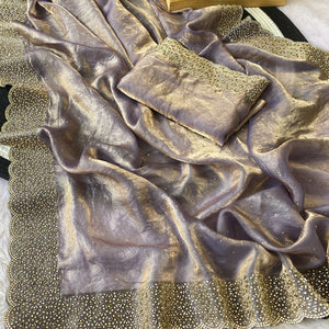 Lavender Fandy Satin Saree Featuring Intricate Swarovski Work & Decorative Zarkan Border