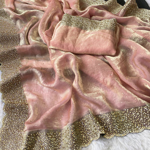 Pink Fandy Satin Saree Featuring Intricate Swarovski Work & Decorative Zarkan Border