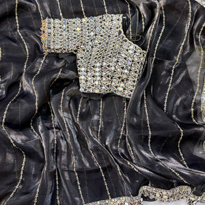 Black Jimmy Choo Satin Saree Adorned With Sequins Embroidery & Mirror Accents