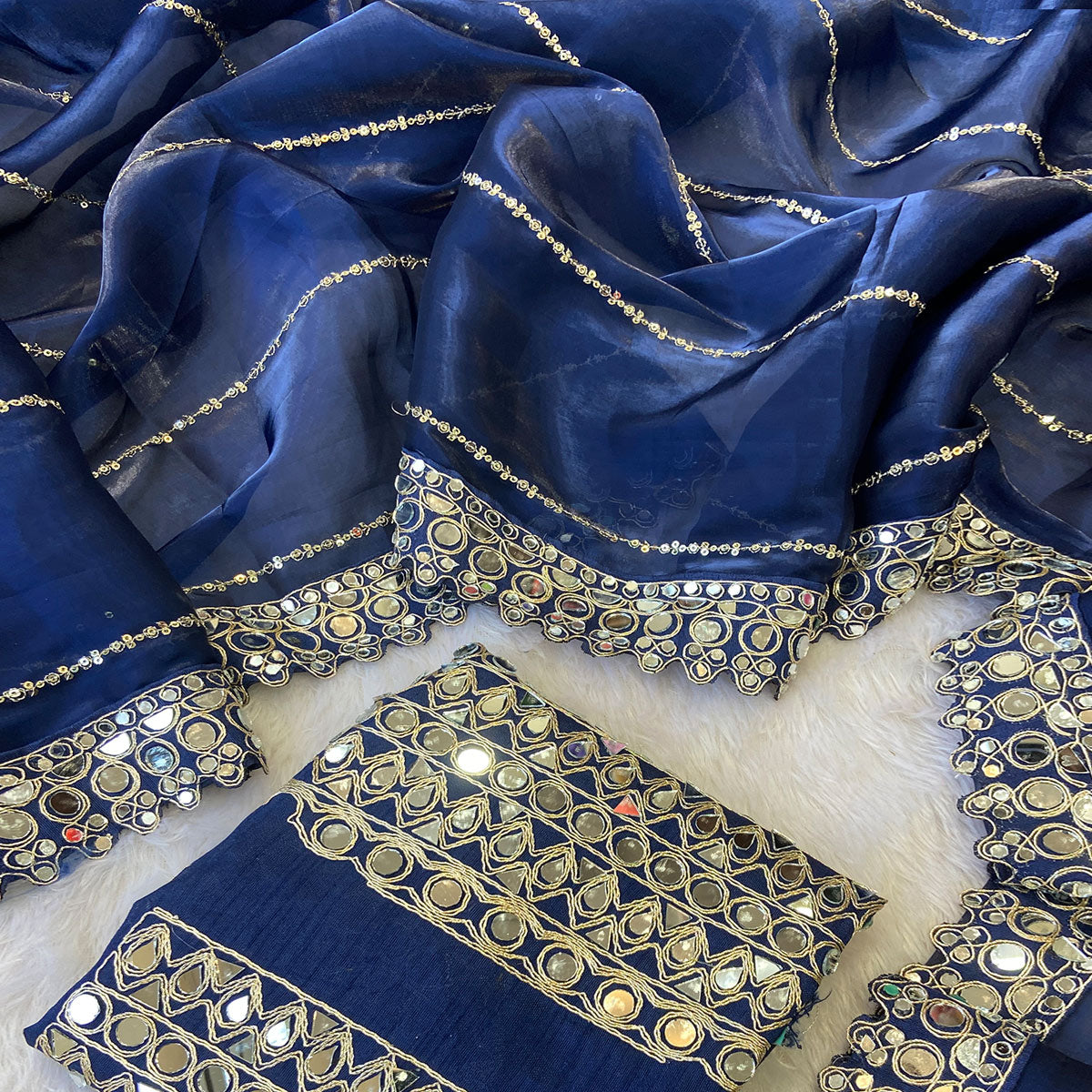 Blue Jimmy Choo Satin Saree Adorned With Sequins Embroidery & Mirror Accents