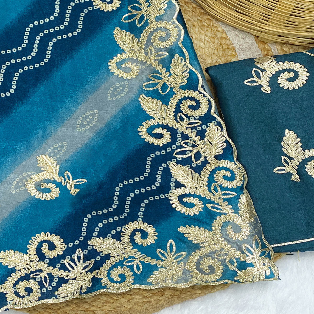 Blue Chinon Saree With Timeless Bandhani Print & Exquisite Gota Patti Embroidery