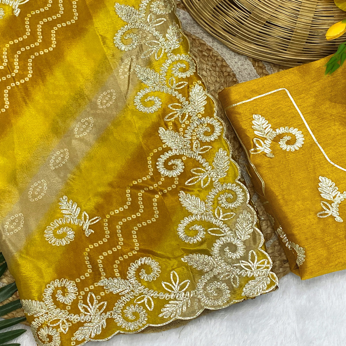 Mustard Chinon Saree With Timeless Bandhani Print & Exquisite Gota Patti Embroidery