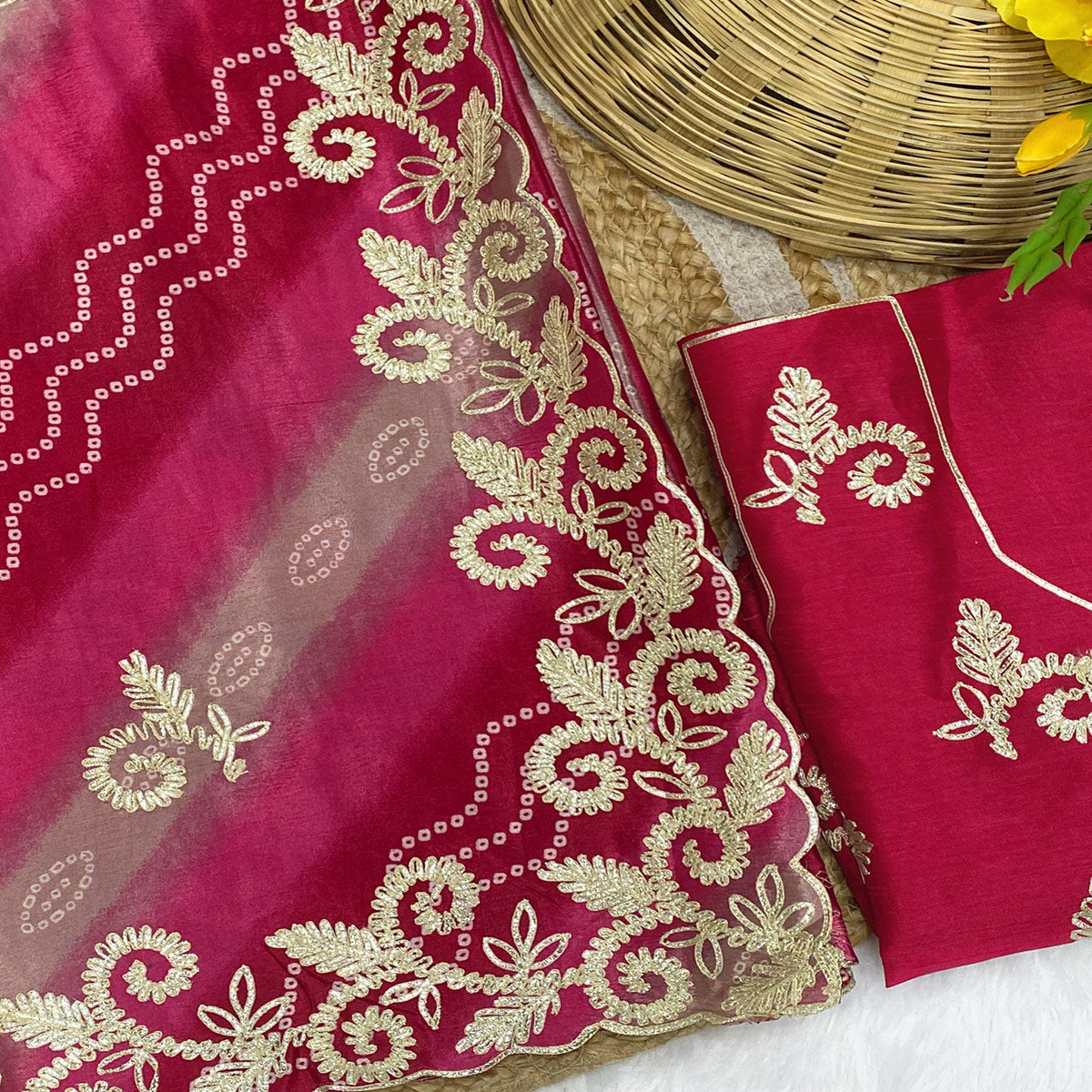 Pink Chinon Saree With Timeless Bandhani Print & Exquisite Gota Patti Embroidery