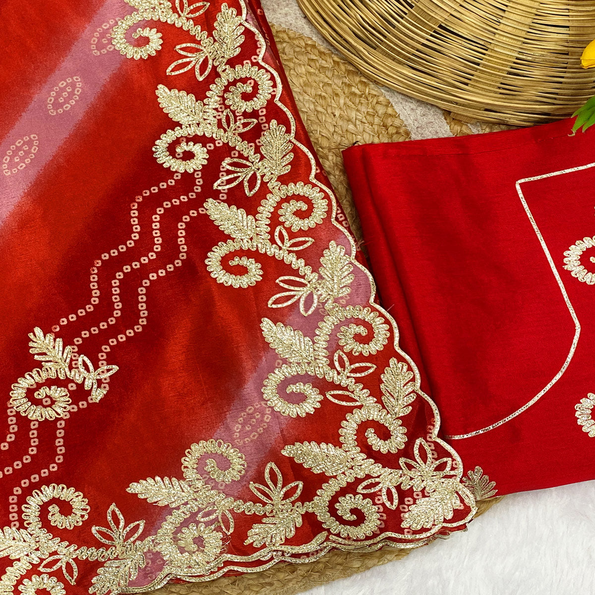 Red Chinon Saree With Timeless Bandhani Print & Exquisite Gota Patti Embroidery