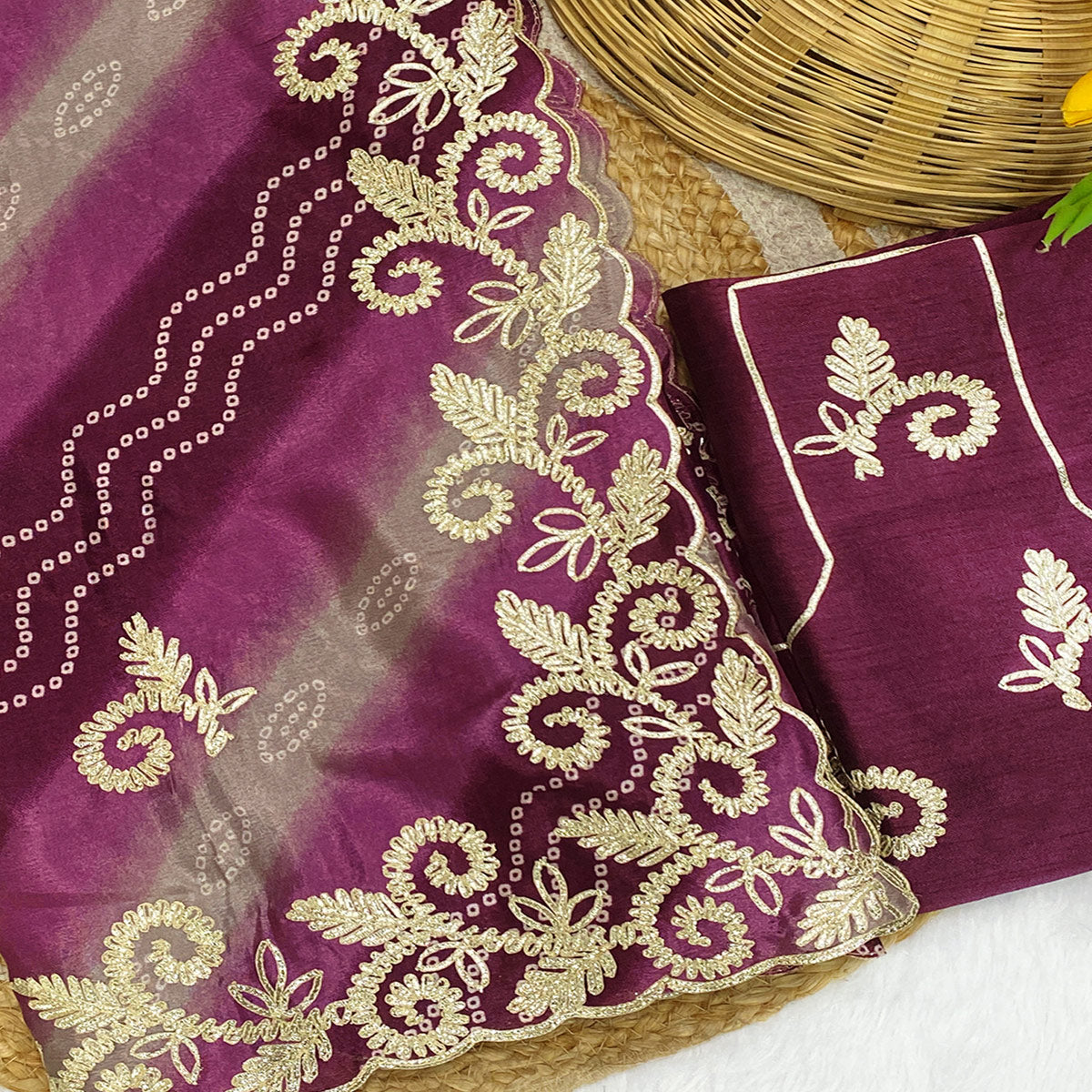 Wine Chinon Saree With Timeless Bandhani Print & Exquisite Gota Patti Embroidery