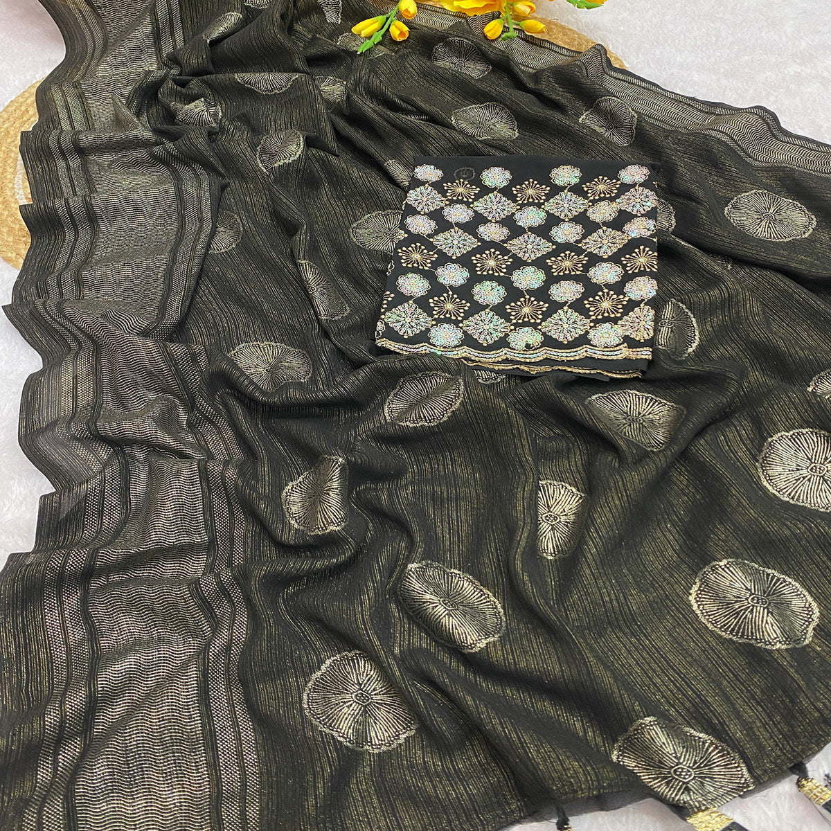 Black Georgette Saree With Shimmering Floral Foil Print & Tassel Accented Pallu