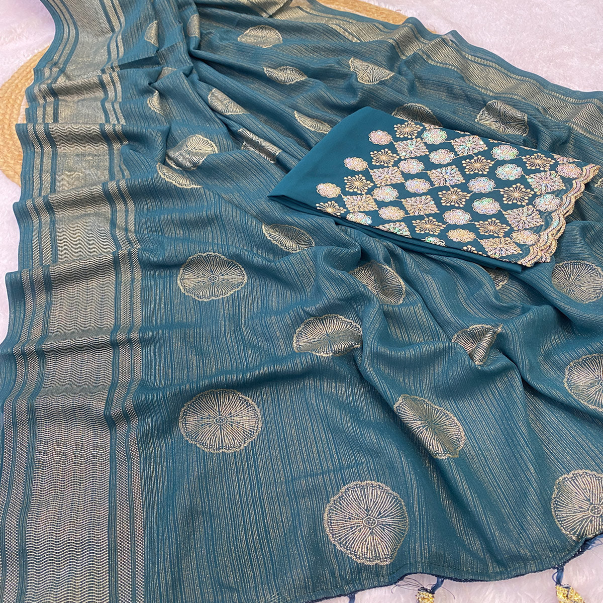 Blue Georgette Saree With Shimmering Floral Foil Print & Tassel Accented Pallu