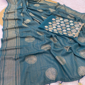 Blue Georgette Saree With Shimmering Floral Foil Print & Tassel Accented Pallu
