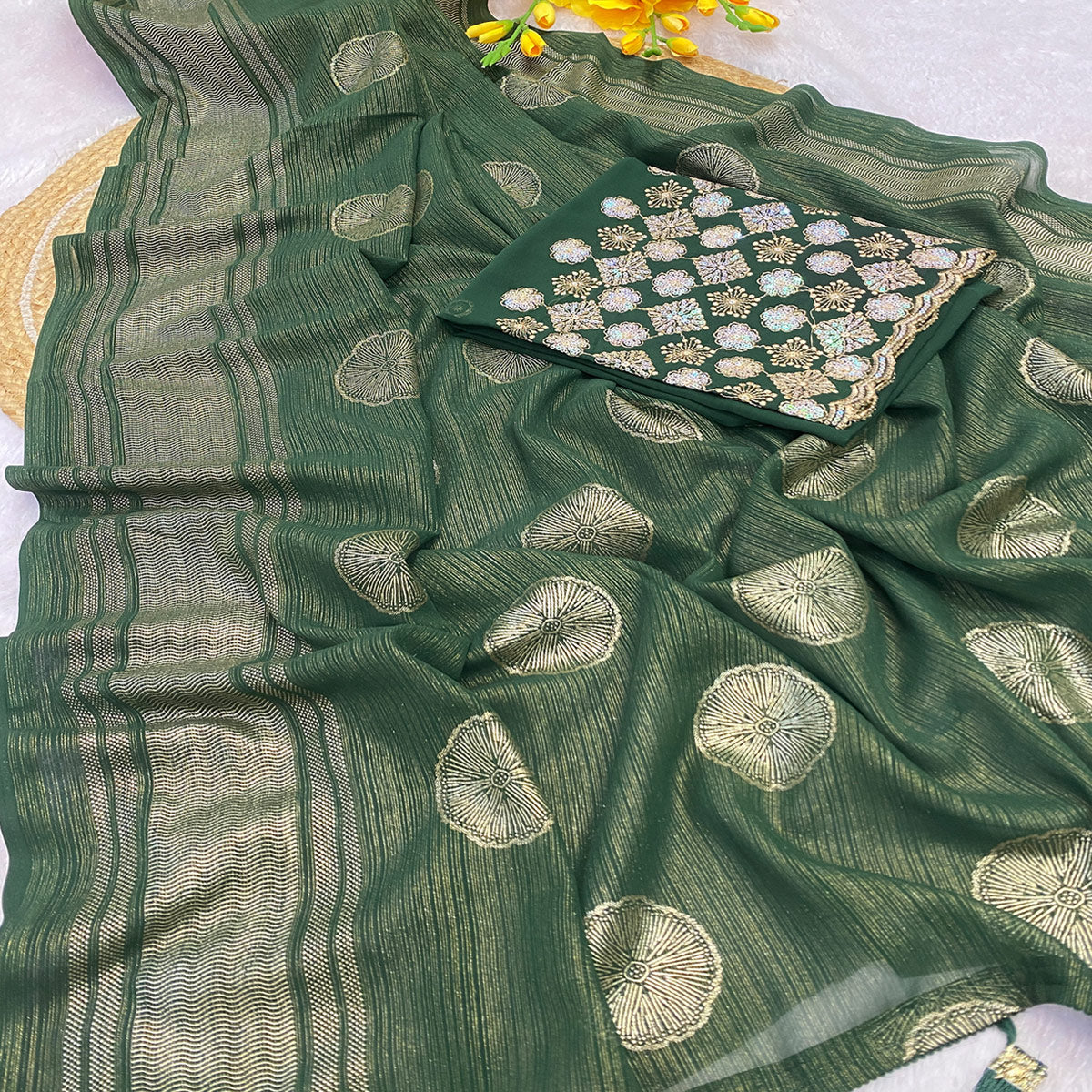 Green Georgette Saree With Shimmering Floral Foil Print & Tassel Accented Pallu