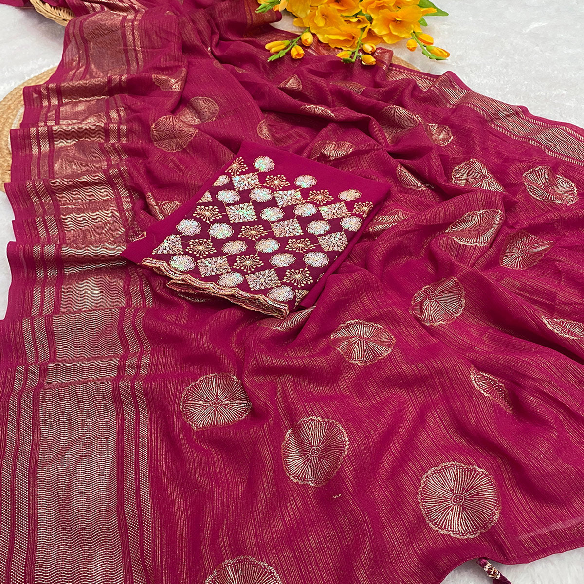 Pink Georgette Saree With Shimmering Floral Foil Print & Tassel Accented Pallu