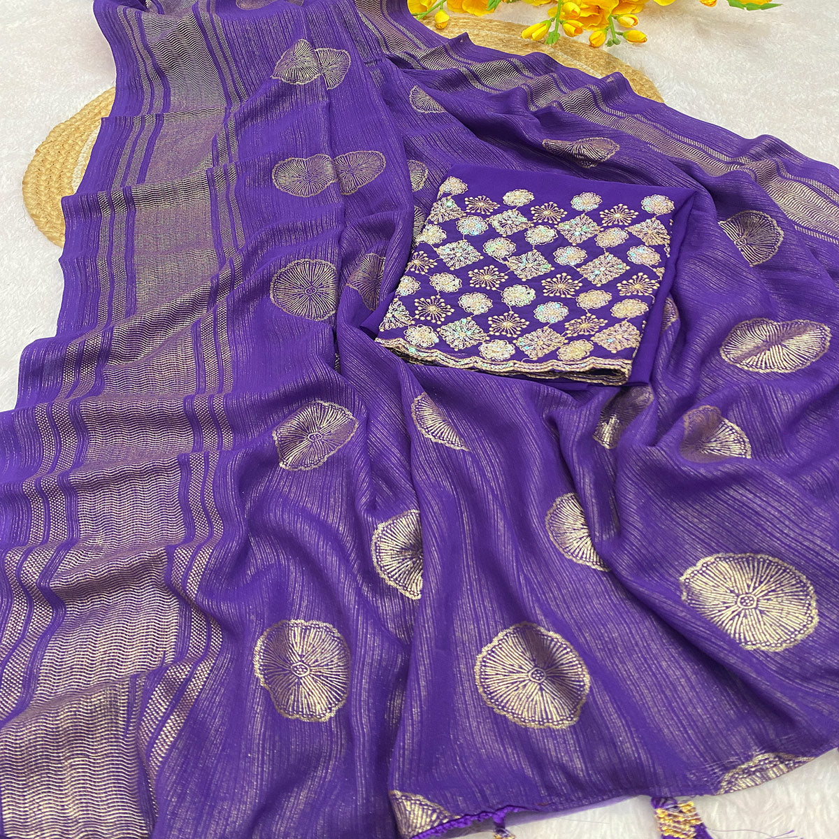 Purple Georgette Saree With Shimmering Floral Foil Print & Tassel Accented Pallu