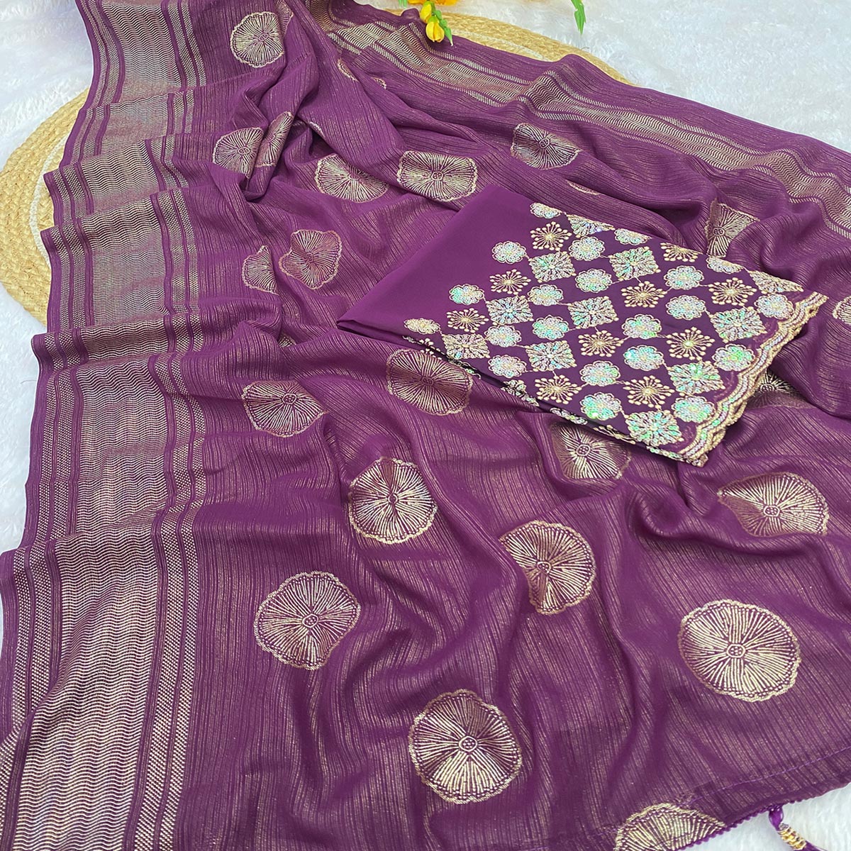 Wine Georgette Saree With Shimmering Floral Foil Print & Tassel Accented Pallu