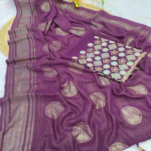 Wine Georgette Saree With Shimmering Floral Foil Print & Tassel Accented Pallu