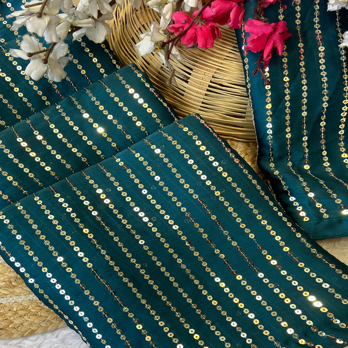 Blue Satin Saree With Shimmering Striped Sequins Embroidered Detailing