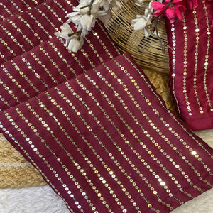 Maroon Satin Saree With Shimmering Striped Sequins Embroidered Detailing