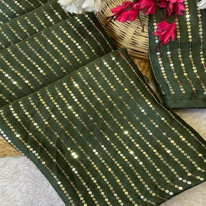 Mehendi Green Satin Saree With Shimmering Striped Sequins Embroidered Detailing