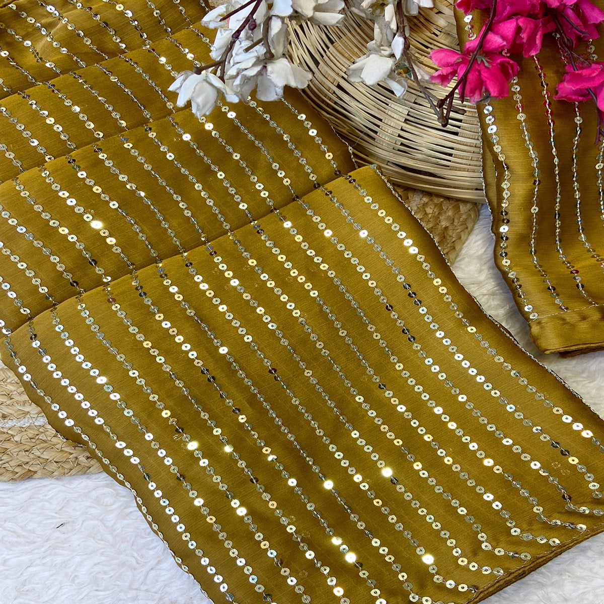 Mustard Satin Saree With Shimmering Striped Sequins Embroidered Detailing