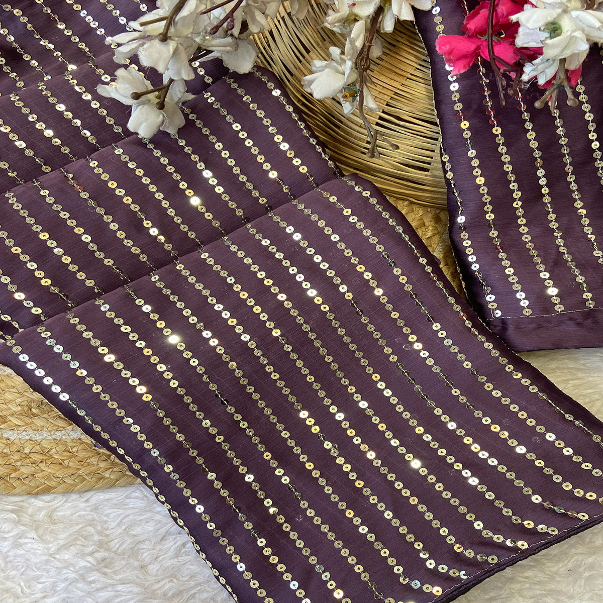 Purple Satin Saree With Shimmering Striped Sequins Embroidered Detailing