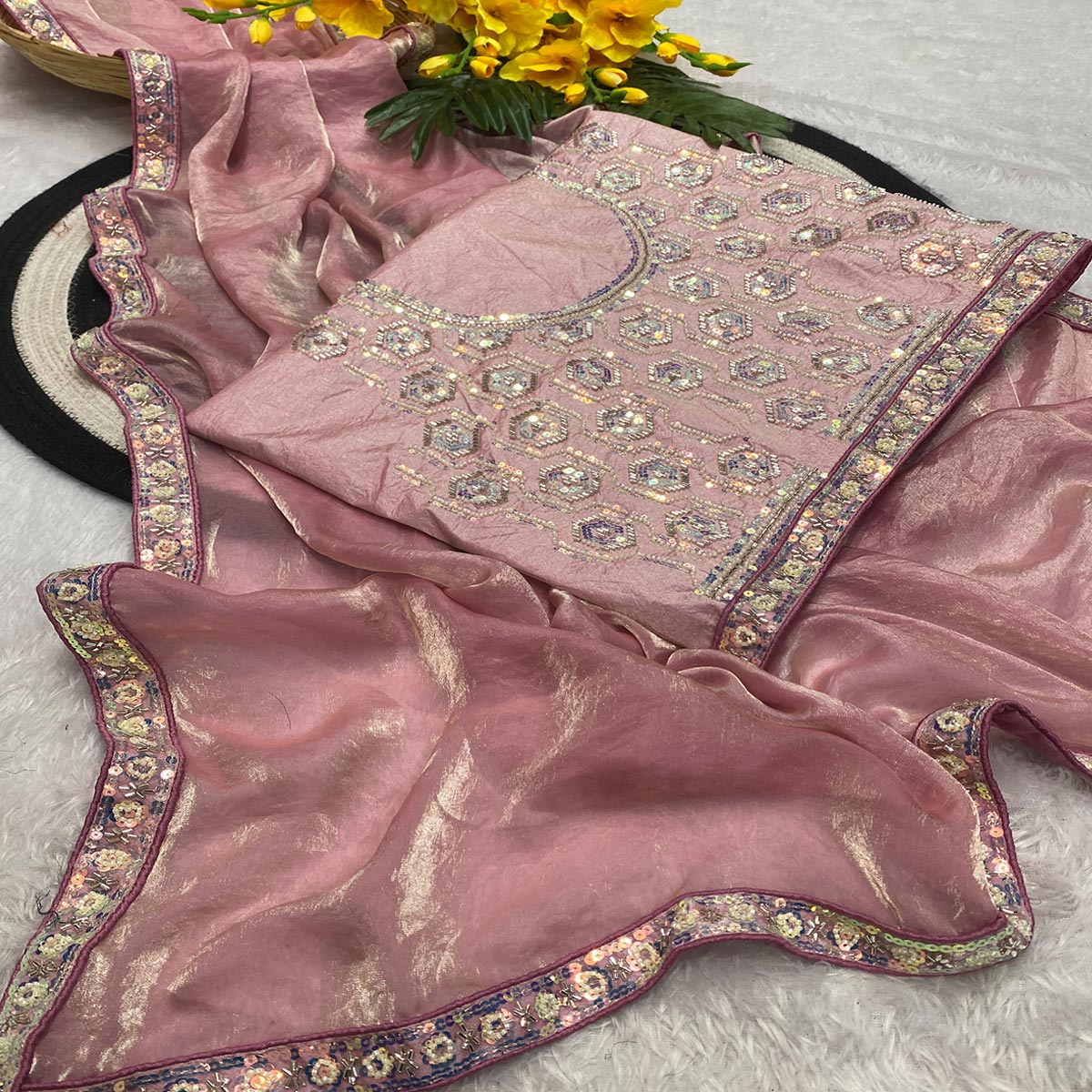 Baby Pink Satin Saree Featuring Detailed Beads & Sequins Embroidery For A Radiant Look