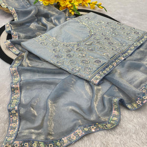 Grey Satin Saree Featuring Detailed Beads & Sequins Embroidery For A Radiant Look