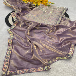 Lavender Satin Saree Featuring Detailed Beads & Sequins Embroidery For A Radiant Look