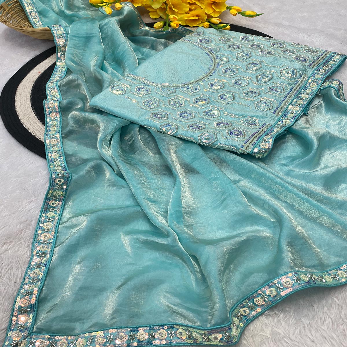 Turquoise Satin Saree Featuring Detailed Beads & Sequins Embroidery For A Radiant Look