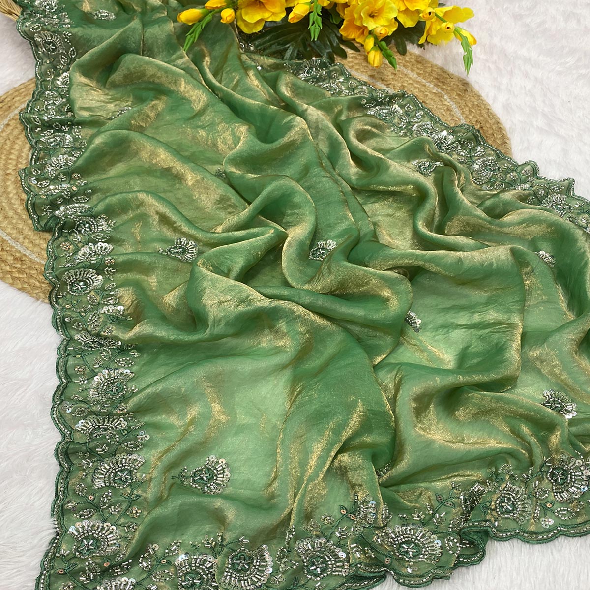 Green Satin Saree With Intricate Floral Beads & Cutdana With Sequins Embroidery Work